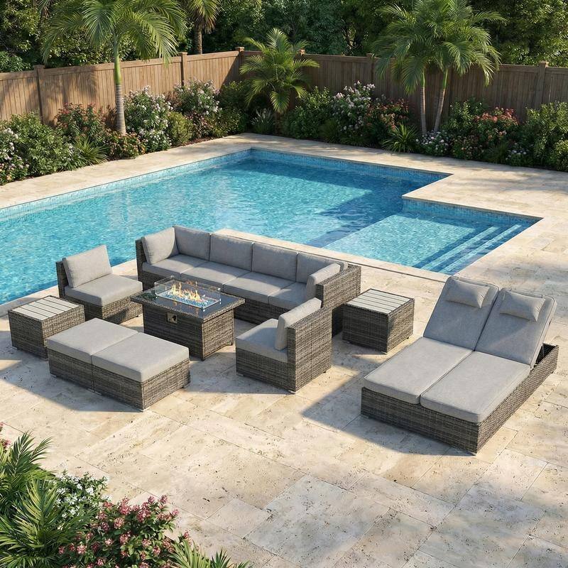 Outdoor Sectional Conversation Set PE Wicker with Double Chaise Lounge, 60,000 BTU Fire Pit Table - 12-Piece/Ottoman & Table - Light Gray