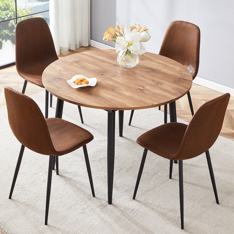 Wood Kitchen Table Set with 4 Chairs, 5-Piece Round Dining Set with Extendable Dining Table for Dining Room - Brown,Wood