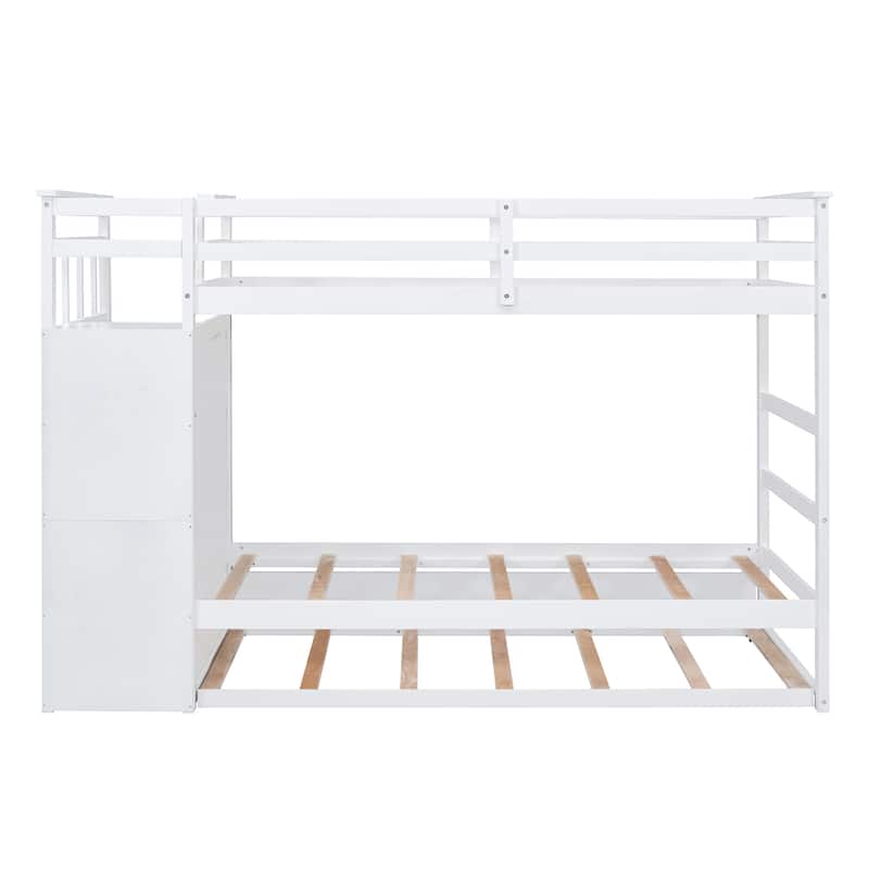 Twin Over Twin Bunk Bed with Trundle and Staircase,White