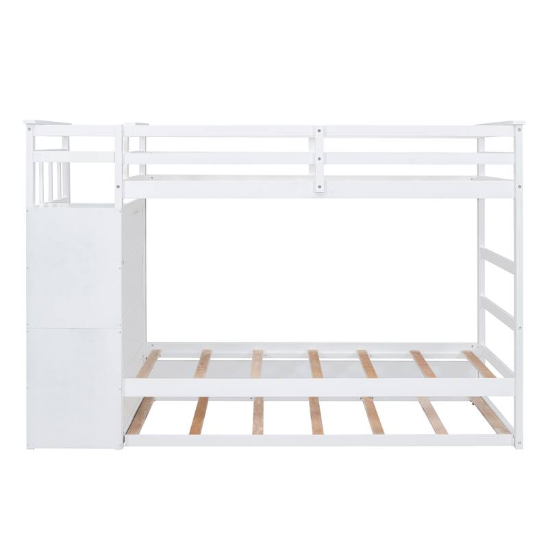 White Twin Over Twin Bunk Bed with Trundle, Staircase and Storage Drawers, Space-Saving Design