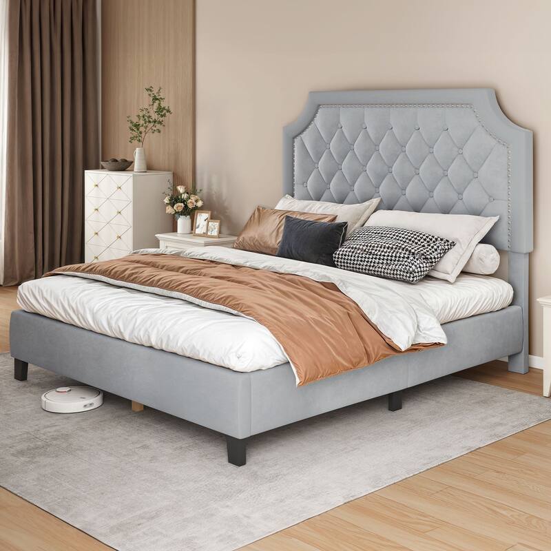 Moasis Upholstered Tufted Bed Frame with Adjustable Height Headboard - Velvet Grey - Full