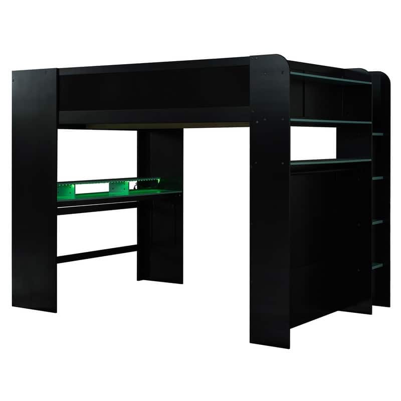 Full Size Wood Bunk Bed with height-adjustable Desk,Wardrobe and RGB Light