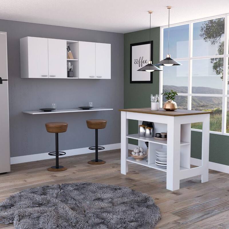 Sierra 7-Shelf 4-Door 2-piece Kitchen Set, Upper Wall Cabinet and Kitchen Island White and Light Oak