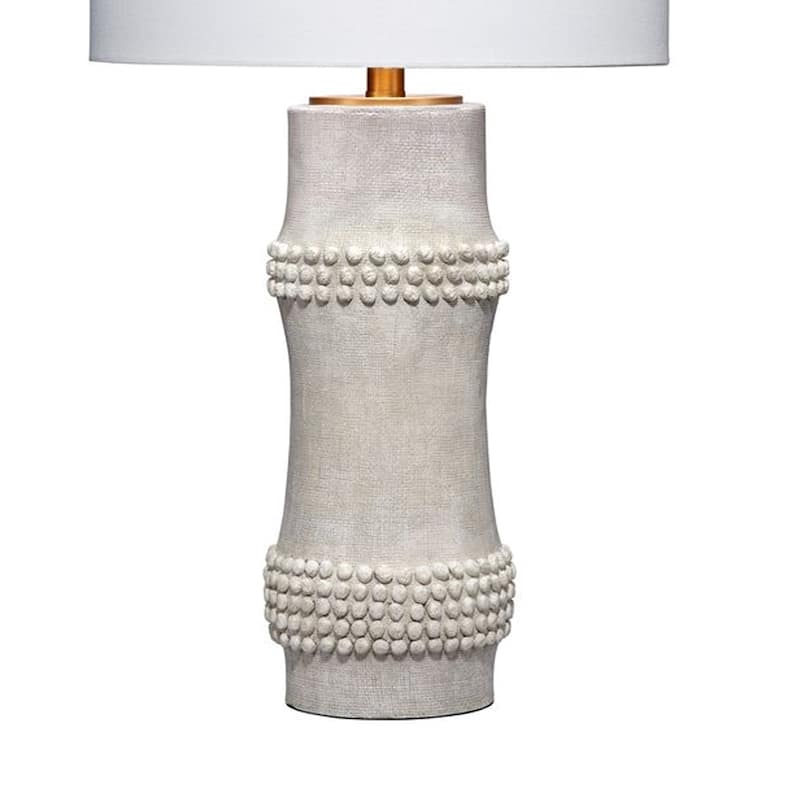 Lemy 28 Inch Table Lamp, Round Linen Drum Shade, Dotted White Base