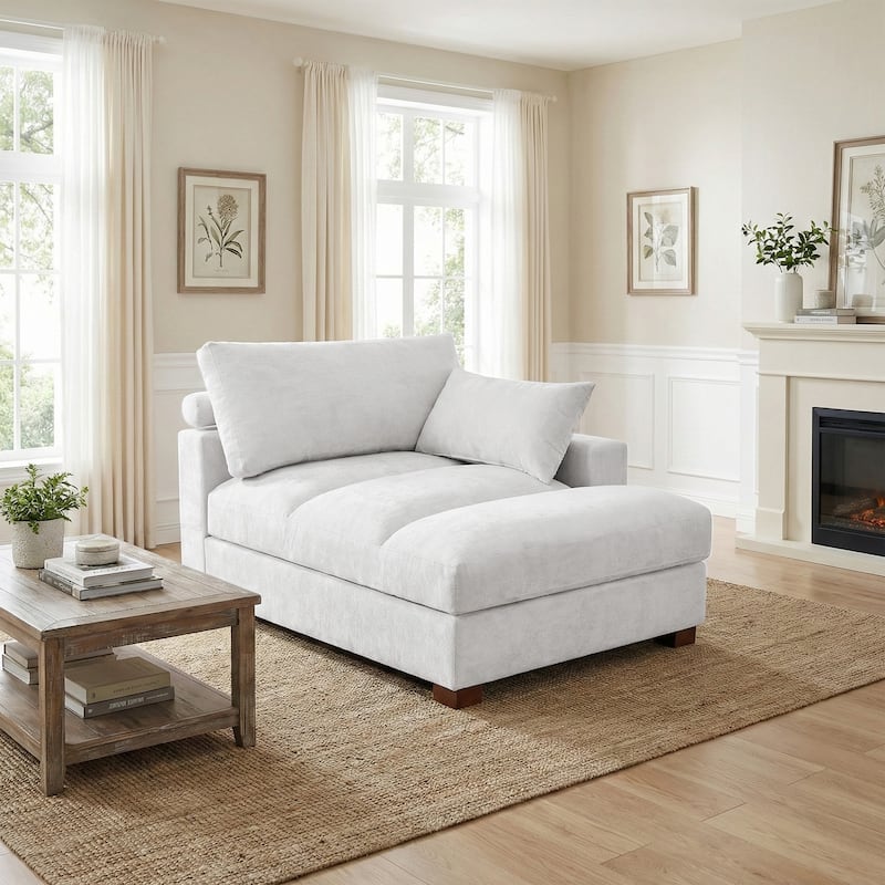 42"W Chenille Upholstered Chaise Lounge - Right Facing - Off White