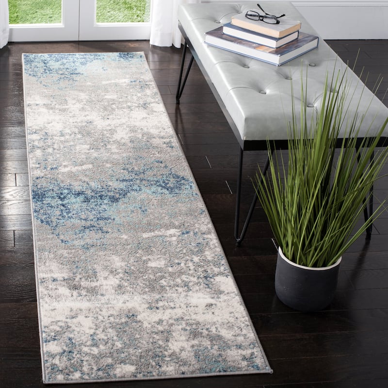 SAFAVIEH Brentwood Malissie Modern Abstract Rug - 2' x 18' Runner - Light Grey/Blue
