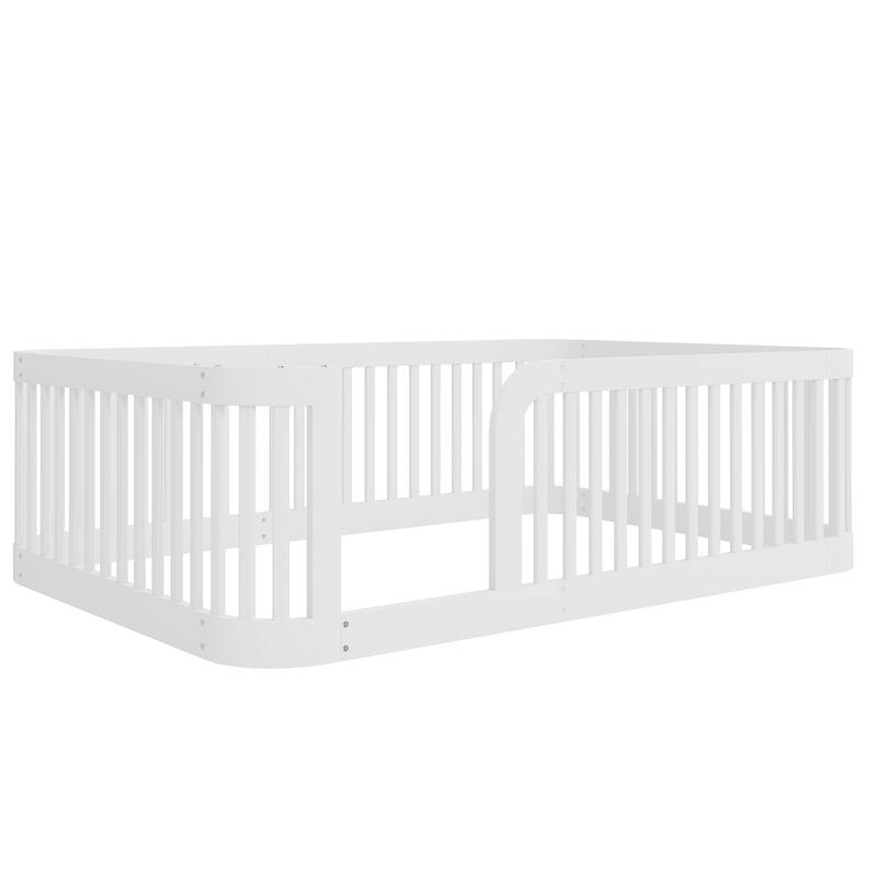 Floor Bed Frame with Fence, Montessori Toddler Bed, No Slats, No Doors, Rounded Corners Wooden Bed