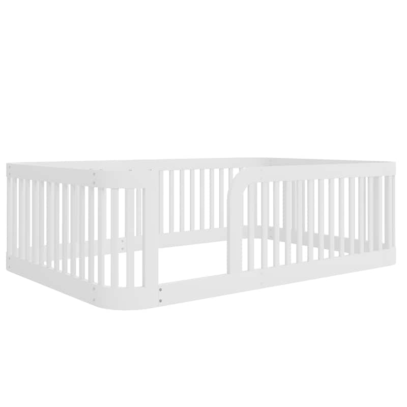 Toddler Floor Bed Wood Bed Frame with Without Slats and Rounded Corners Design, Kids Bed with Safety Fence for Boys Girls
