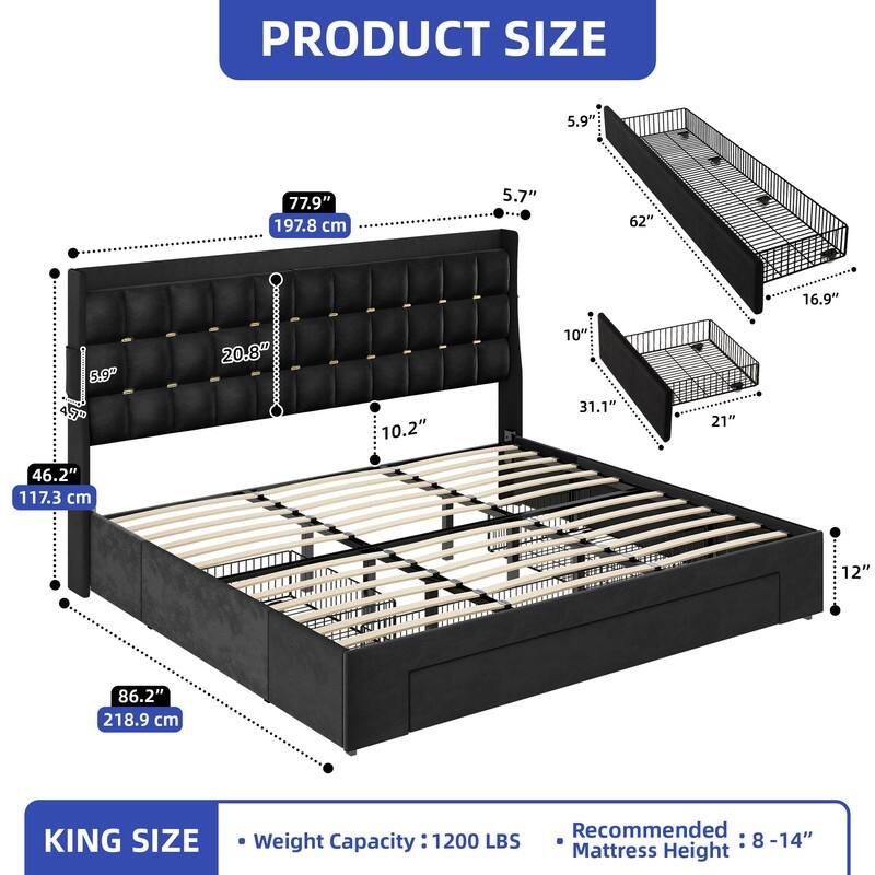 Moasis Queen/King Size Velvet Upholstered Bed with Charging Station and Storage Drawers - Black - King