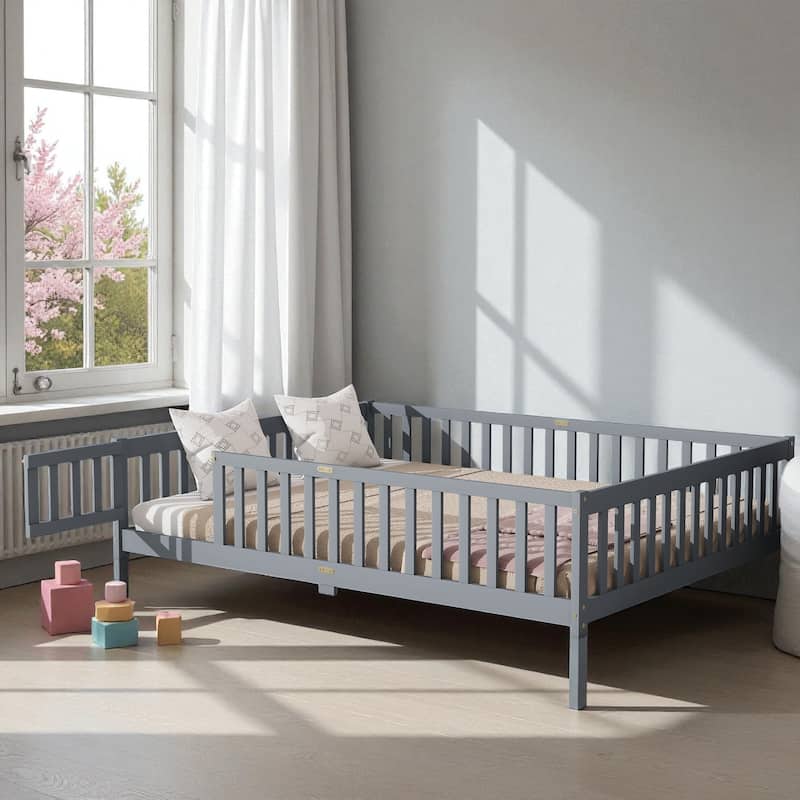 Queen Size Rubber Wood Floor Bed with Fence and Door, Montessori Platform Bed with Safety Guardrails for Kids