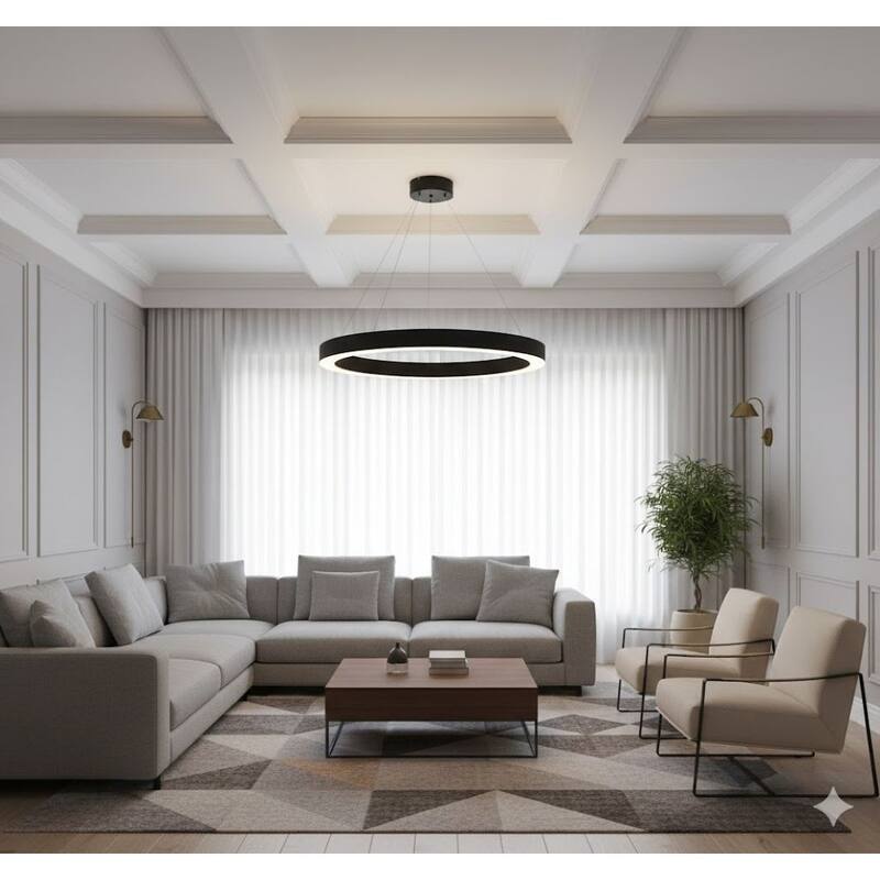 Matte Black Round LED Chandelier With A White Acrylic Diffuser