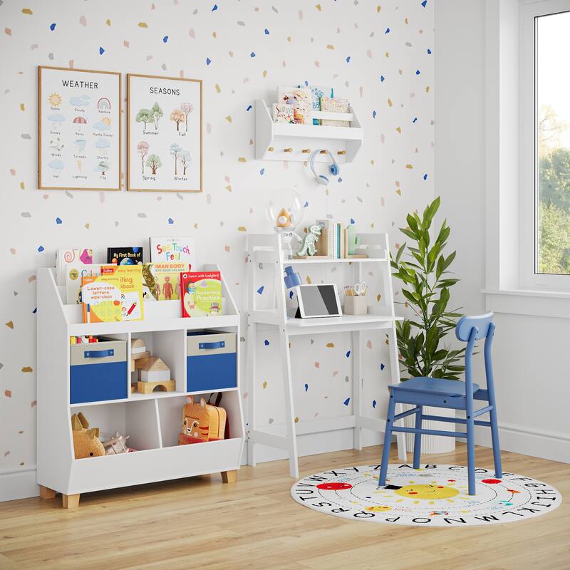 RiverRidge Kids Art Table Desk with Ladder Shelf and Open Storage Shelf for Playroom - White