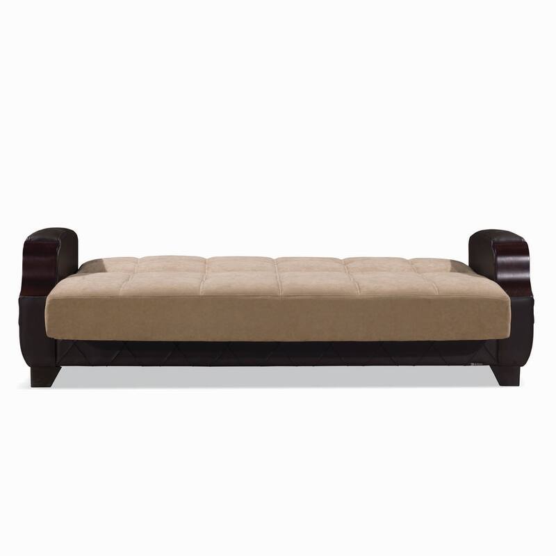HomeRoots 89" Brown Microfiber And Faux Leather Convertible Futon Sleeper Sofa And Toss Pillows With Storage