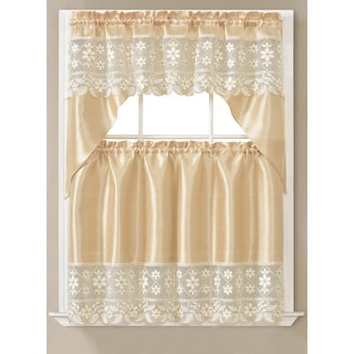 Ava Floral Embroidered Kitchen Curtain Set, Gold, Swag Valance 60x36, Tiers 30x36 Inches - Gold - 60x36 30x36