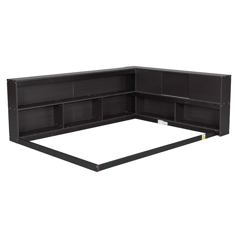Full Floor Bed with L-shaped Bookcases, Sliding Doors Without Slats