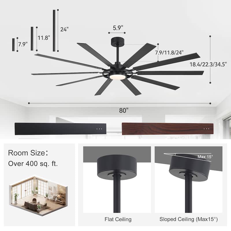 72"/80" Large Windmill Ceiling Fan with Light and Remote(10 Reversible Blades)