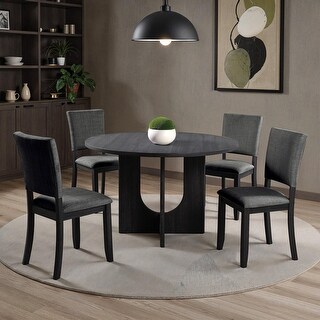 Elegant 5pc Dining Set Round Table and Upholstered Chairs Gray Finish ...