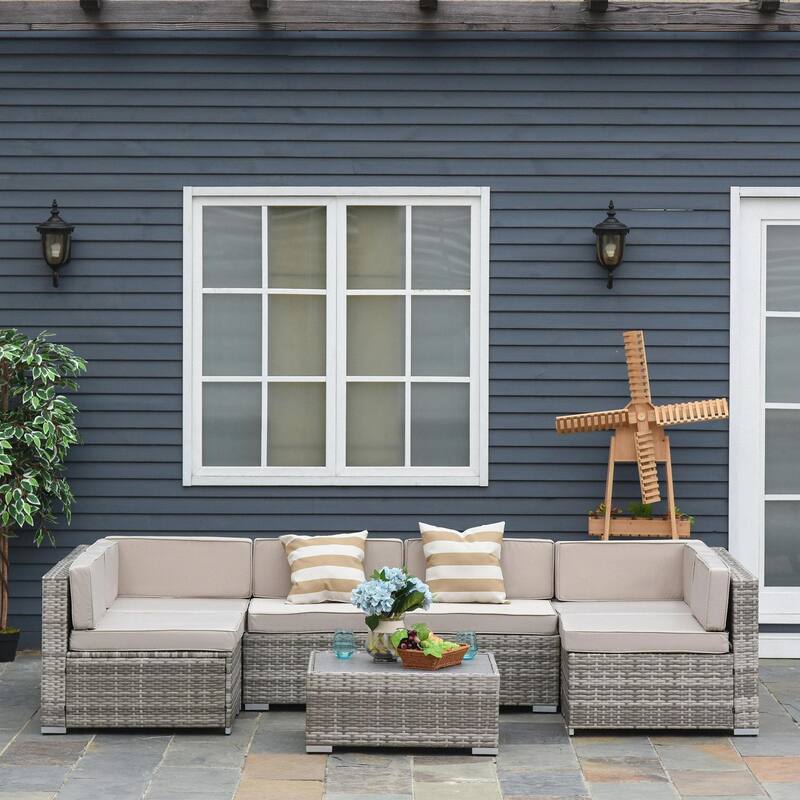 7PCS Patio Sectional, All Weather PE Rattan Sofa Coffee Table - Beige