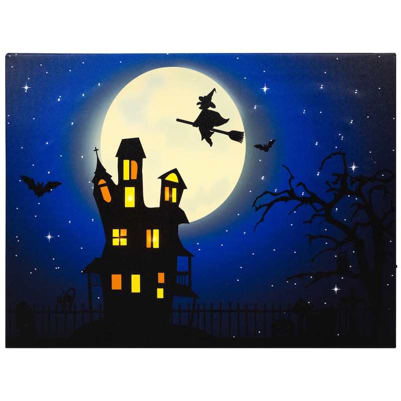 Fiber Optic LED Witch in the Moon Halloween Canvas Art 12" x 15.75"