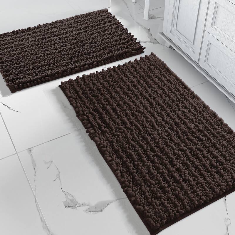 2 Piece Set Brown Soft Cozy Plush Chenille Bath Mat Bathroom Rug - 24" x 16"/32" x 20" - Brown