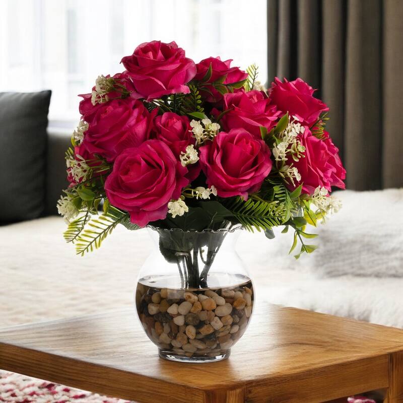 18 Heads Silk Rose Flower in Clear Glass Vase With Faux Water and River Stone for Home Decor, Wedding Table