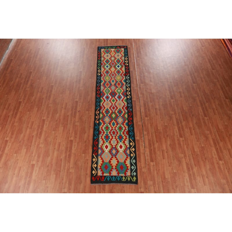 Hand Woven Oriental 100% Wool Carpet Southwestern Geometric Multi-Colored Kilim Runner Rug - 12' 9'' X 2' 9''