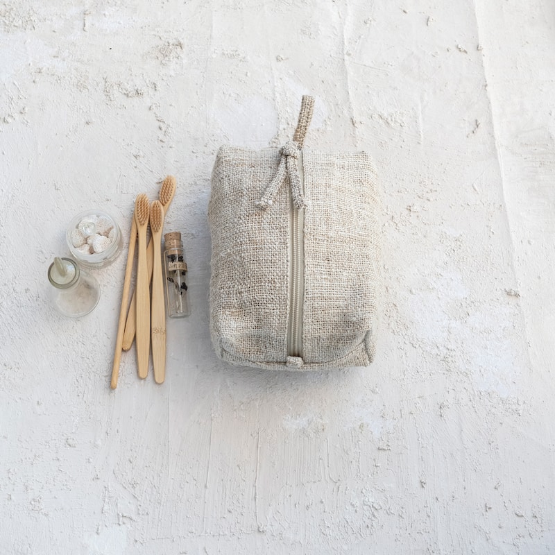 Woven Hemp Fiber Zip Pouch with Handle and Cotton Lining - 7.0"L x 5.0"W x 3.0"H