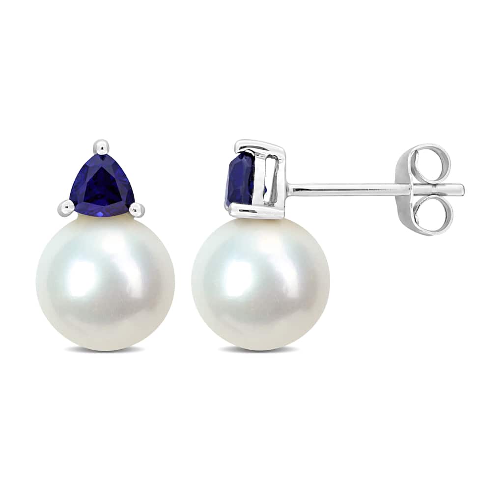 Miadora 8-8.5mm Cultured Freshwater Pearl 4/5ct TGW Created Blue Sapphire Stud Earrings in 10k White Gold