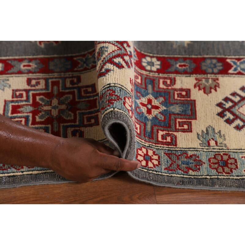 Hand Knotted Oriental 100% Wool Carpet Traditional Geometric Greys & Charcoal Kazak Area Rug - 9' 6'' X 6' 11''