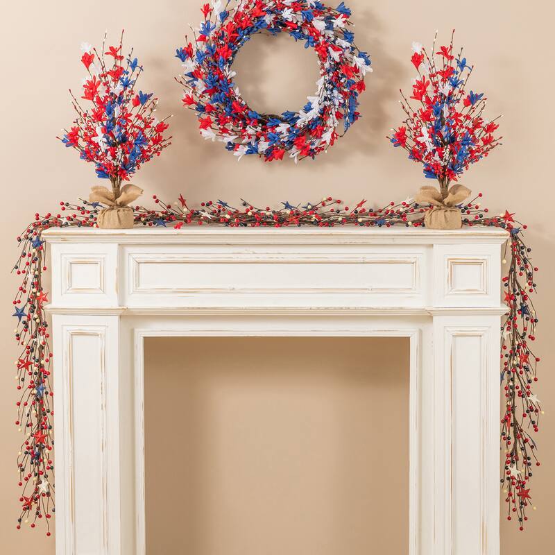 Glitzhome Patriotic/ Americana Red White Blue Floral Wreath or Stars Berry Garland
