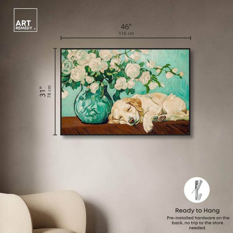 Rose Vase Puppy Canvas by Art Remedy