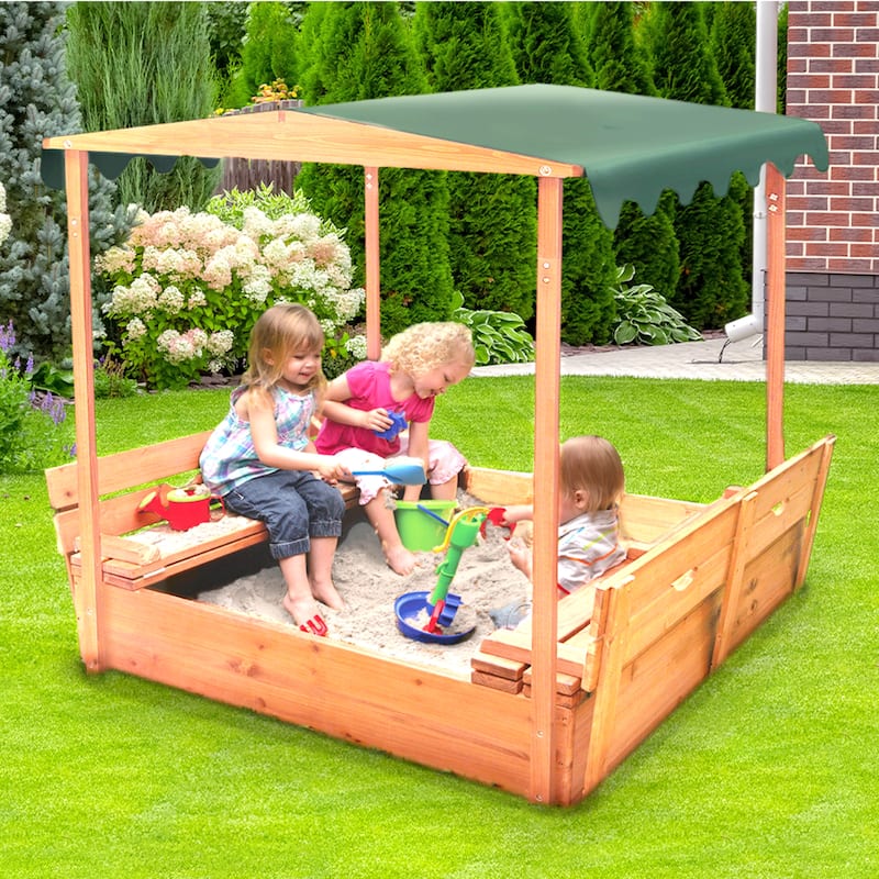 Badger Basket Convertible Cedar Canopy Sandbox with 2 Bench Seats - 46.5 inches L x 46.5 inches W x 57 inches H