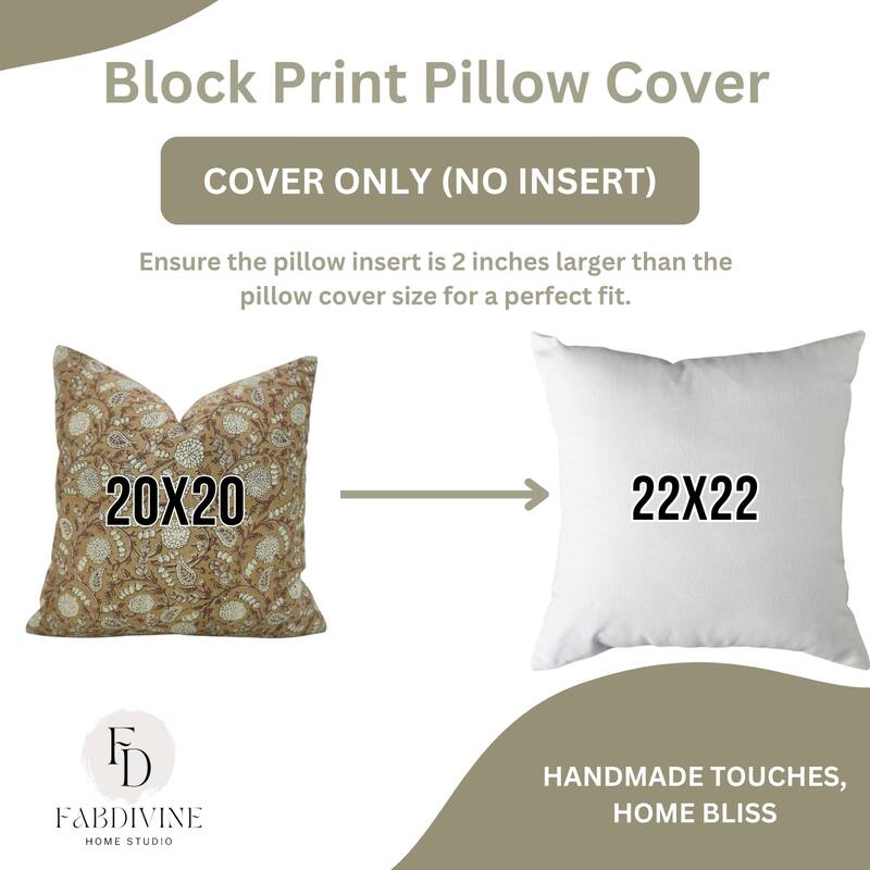 Fabdivine Brown Soft Linen Floral Block Print Pillow Cover for Fall Home Décor Sofa Couch or Farmhouse 18x18 Inch, Shilong