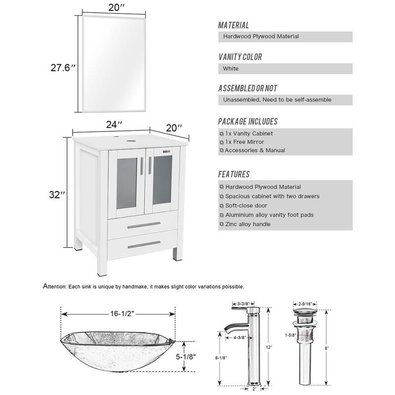 24" Bathroom Vanity White Set Glass/ Ceramic Vessel Sink Cabinet Faucet Drain Free Standing Combo