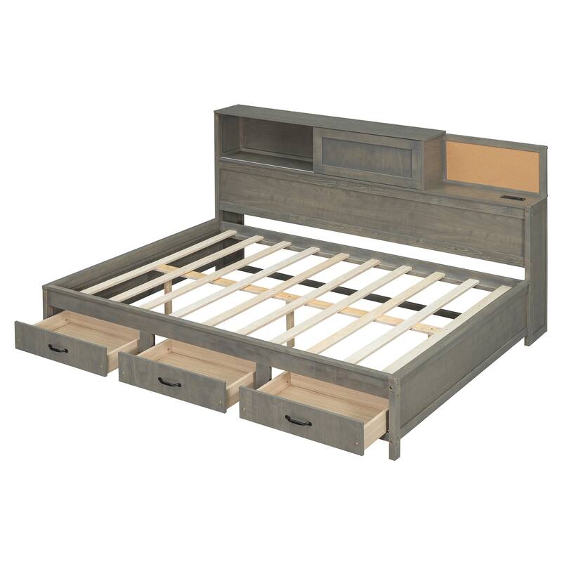 Full Size Wooden Daybed with 3 Storage Drawers, USB Ports, Pushable Shelf, and Soft Headboard