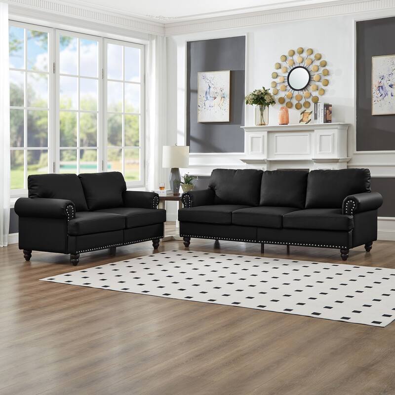 Roomfitters Modern Classic 2+3 Seater Sofa Set with Nailhead Trim, Upholstered Faux Leather Loveseat & Couch for Living Room