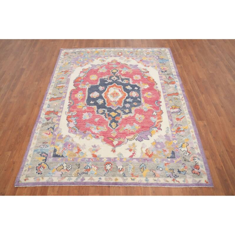 Hand Knotted Oriental 100% Wool Carpet Transitional Medallion Pink Oushak Area Rug - 6' 10'' X 5' 6''