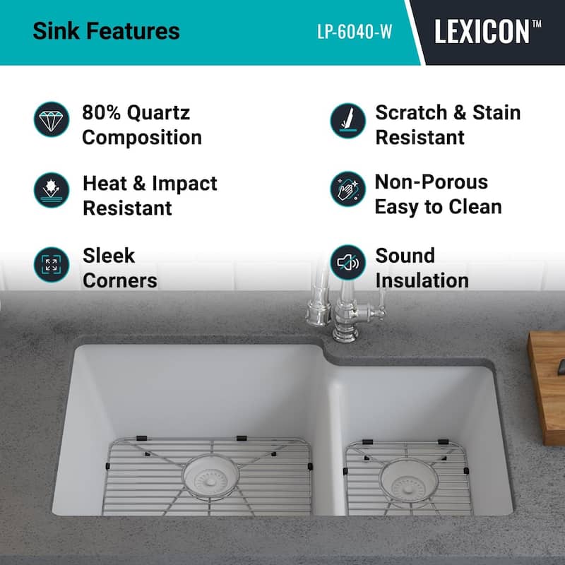 32"x19" Quartz Granite Kitchen Sink, 60/40 Double Bowl Drop-in/Undermount - 19x32