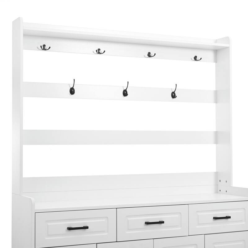 4 Door Shoe Cabinet with Coat Rack, Multi-Functional Shoe Rack with 3 Drawers, 8 Shelves, Entryway Wood Storage Console
