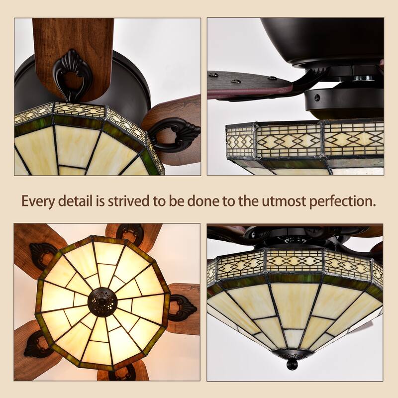 Margno 52-Inch Flushmount Lighted Ceiling Fan Jewel Cut Design Tiffany Glass Lamp Black Finish