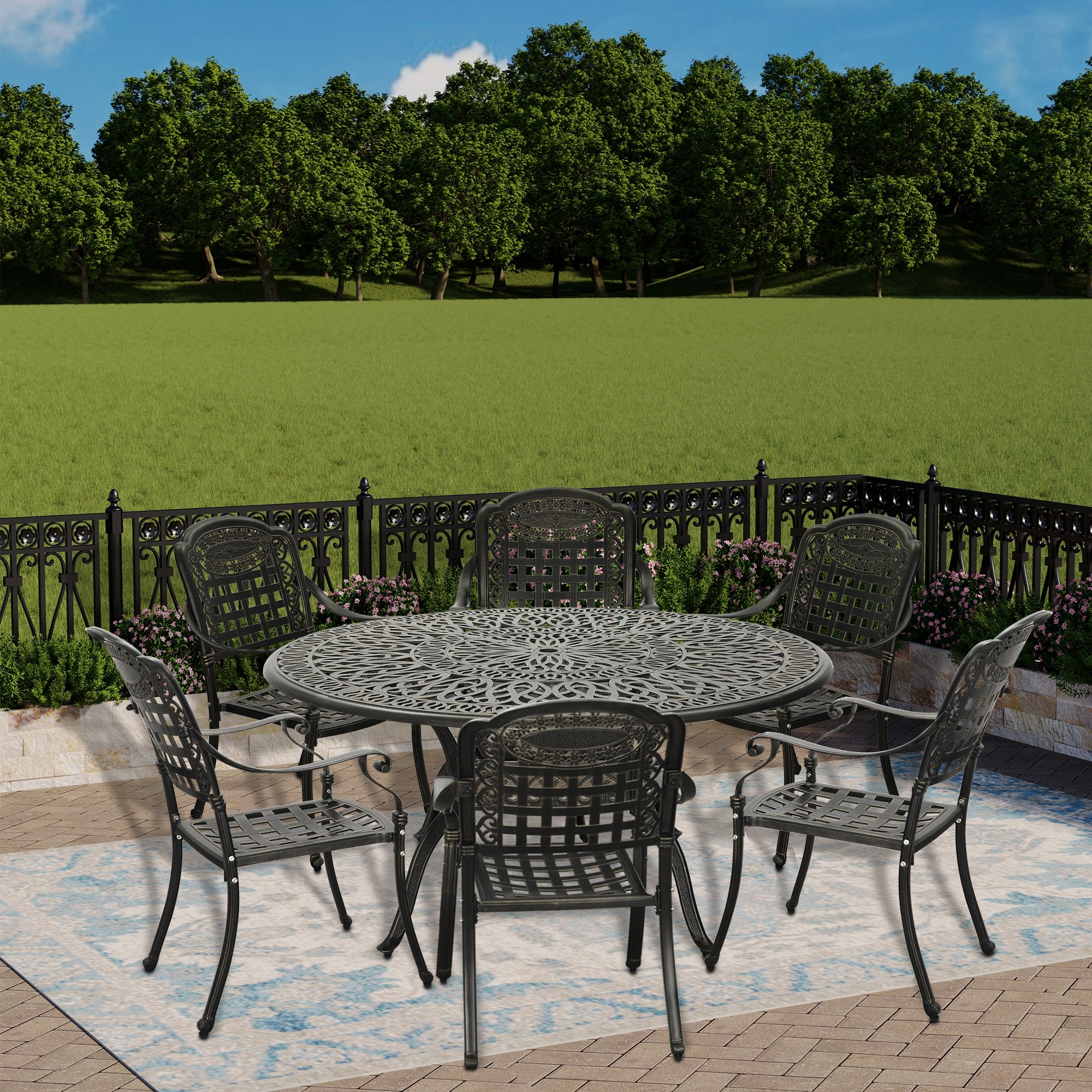 Clihome 7 Pieces Cast Aluminum Patio Dining Set in Bronze Bed