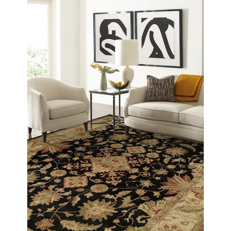 Traditional Black Hand-Knotted Wool Area Rug