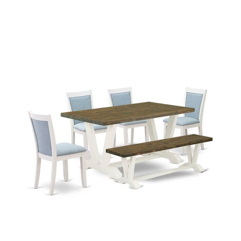 HomeStock 6-Piece Rectangle Wire Brushed Linen White Finish Solid Wood Top Dining Table with 1-Bench, 4-Chairs