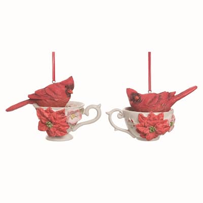 Transpac Resin Teacup Cardinal Ornament Set of 2 Christmas Home Decorations