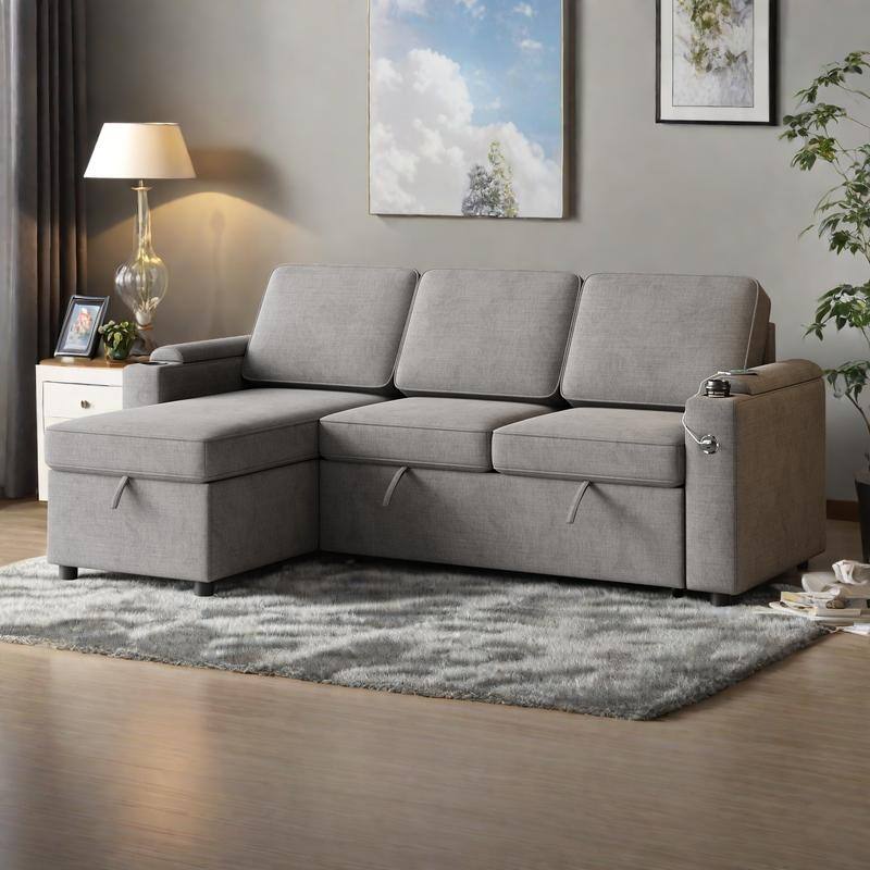 85.8" Fabric Sleeper Sectional 3-Seat Pull-Out Sofa Bed with Storage and USB Charging Port