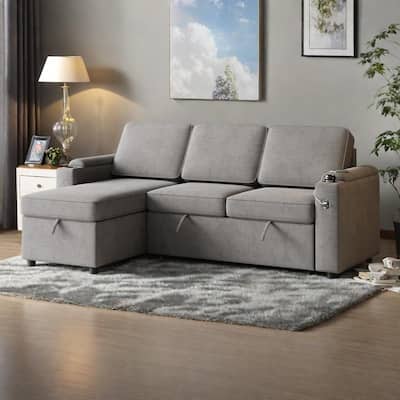85.8" Fabric Sleeper Sectional 3-Seat Pull-Out Sofa Bed with Storage and USB Charging Port