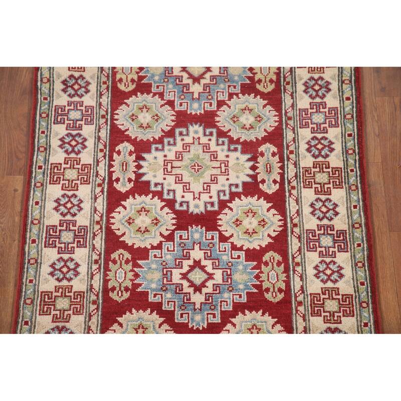 Hand Knotted Oriental 100% Wool Carpet Traditional Geometric Red Kazak Runner Rug - 6' 8'' X 2' 10''