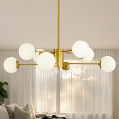 Modern Gold Sputnik Chandelier With Clear Glass Shades For Dining Room, Living Room, Or Kitchen - 8 Lights