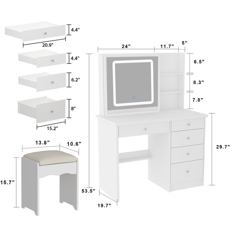 Makeup Vanity Set with Stool and 3 Color Touching Mirror Dresser Table - 39.4"W