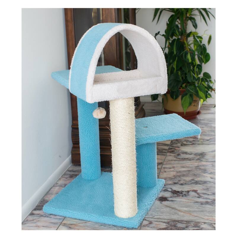 Sky Blue Real Wood Cat Tree With Scratcher And Tunnel For Squeeze - Sky Blue